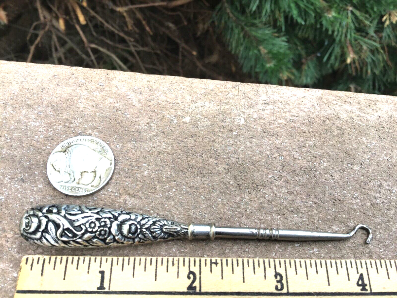 Sterling Repousse Button Hook Victorian