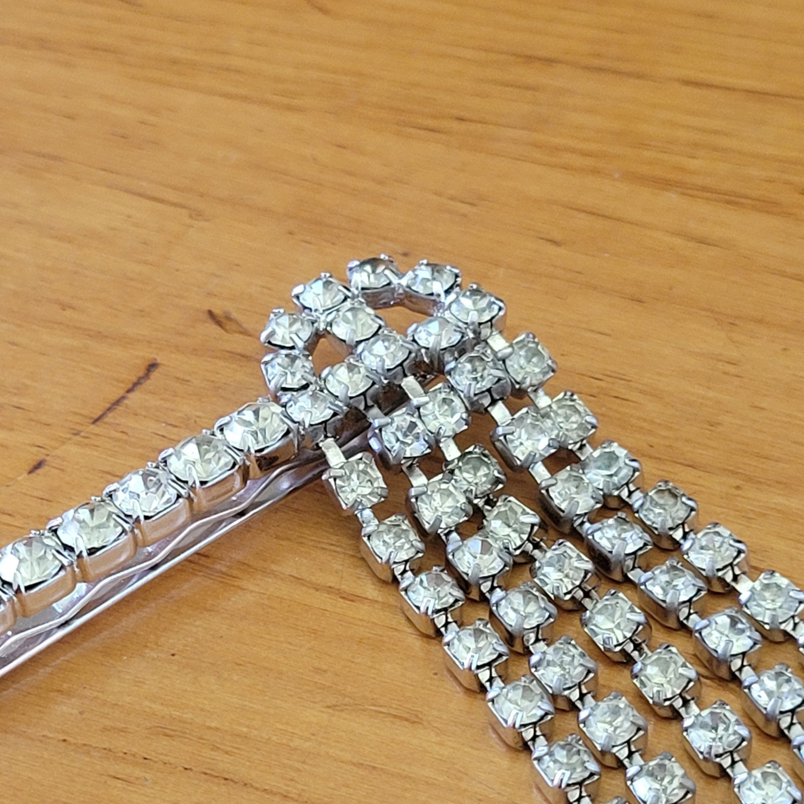 Vintage Clear Rhinestone Waterfall Hair Barrette Prong Set Bridal 3.25in