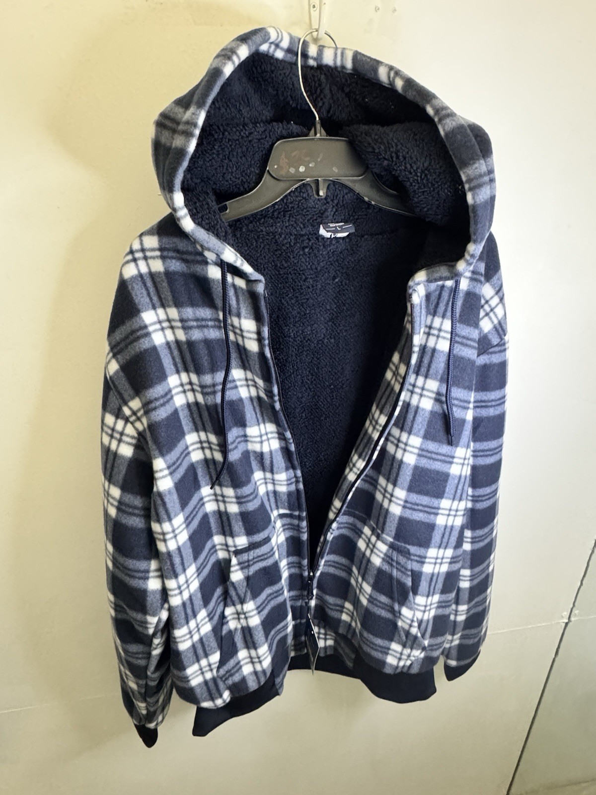Leehanton Men’s Blue White Plaid Hooded Full Zip Lined Jacket Size L