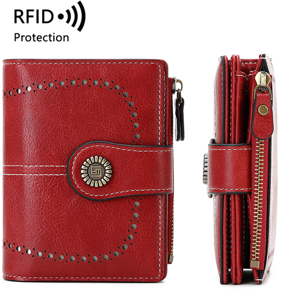 Women Bifold RFID Blocking Leather Wallet Hasp Card Holder Mini Handbag Purse