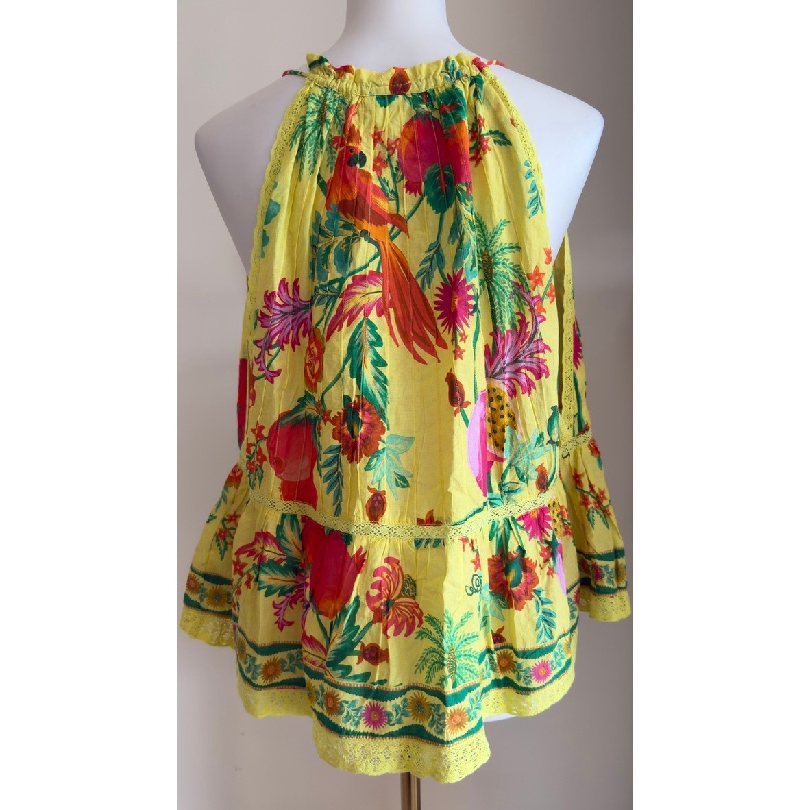NWOT Farm Rio Yellow Tropical Fruit Print Halter Top Lace Trim Peplum Size XL