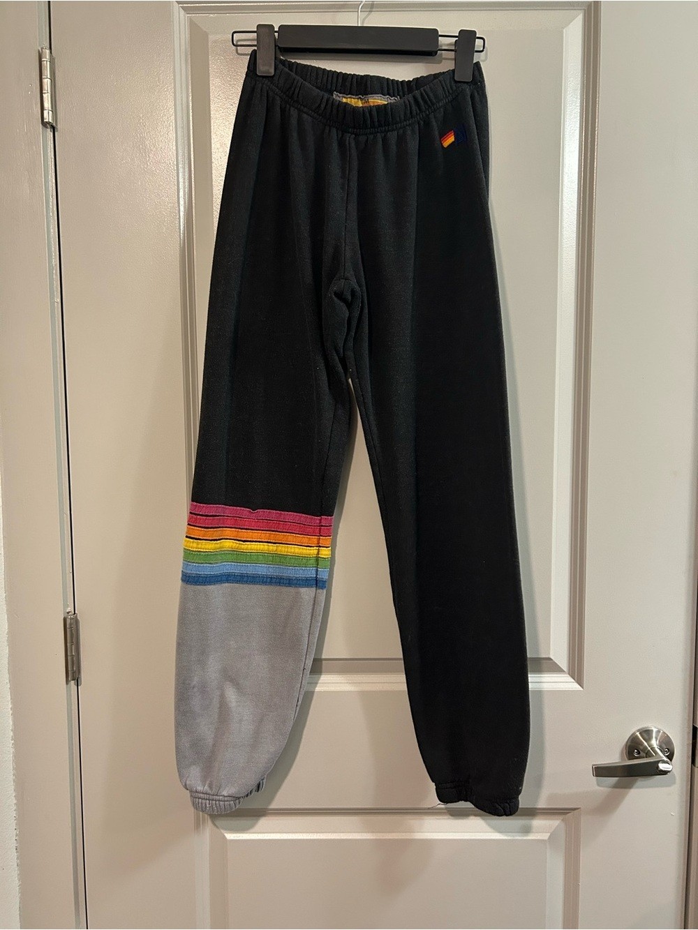 Aviator Nation Rare Style Black Sweatpants with Rainbow 7 stripe on one leg
