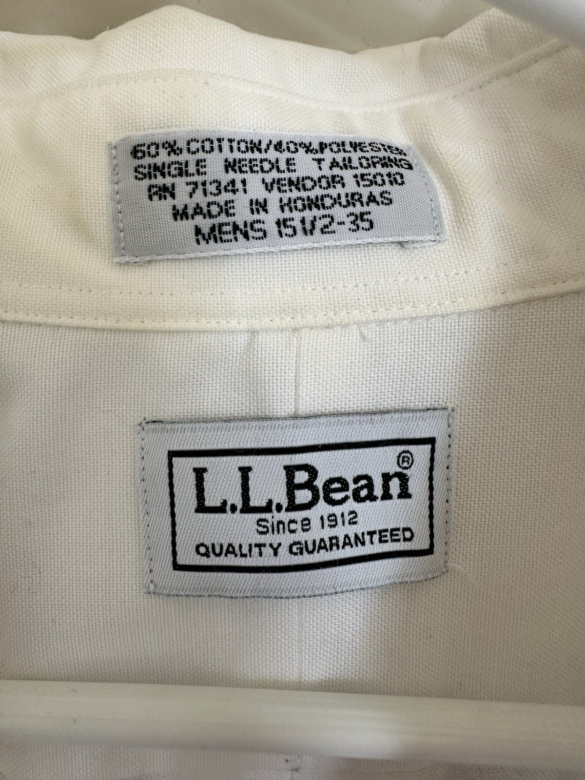 VTG LL Bean Men White Button Down Shirt Long Sleeve SingleNeedle Tailor 15 1/2