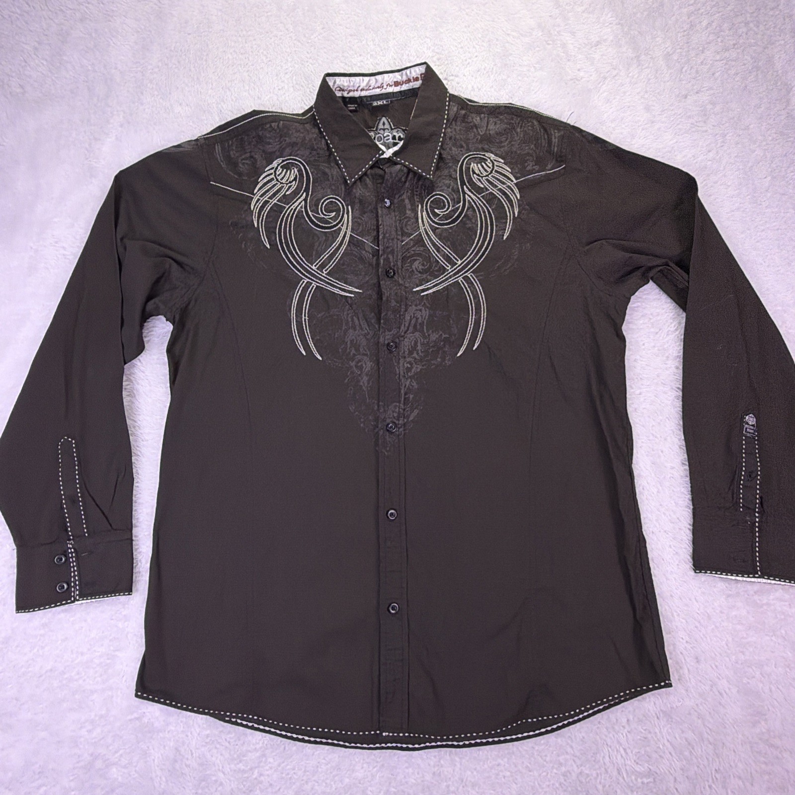 Roar Embroidered Dress Shirt Men’s 2XL Black Western Grunge Festival Classic