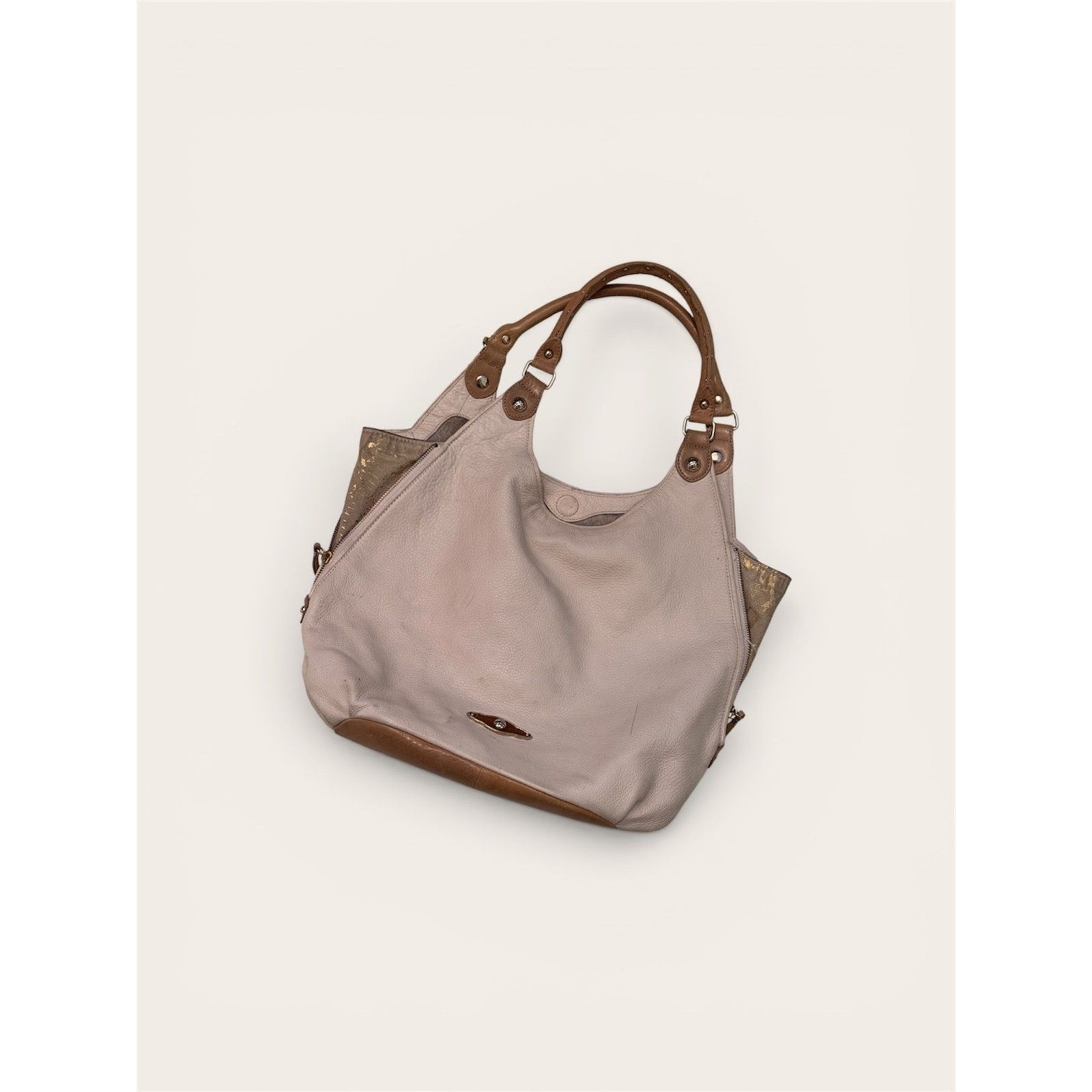 Elliott Luca Leather Cream Studded Zippered Pebbled Hobo Large Barnie Handbag