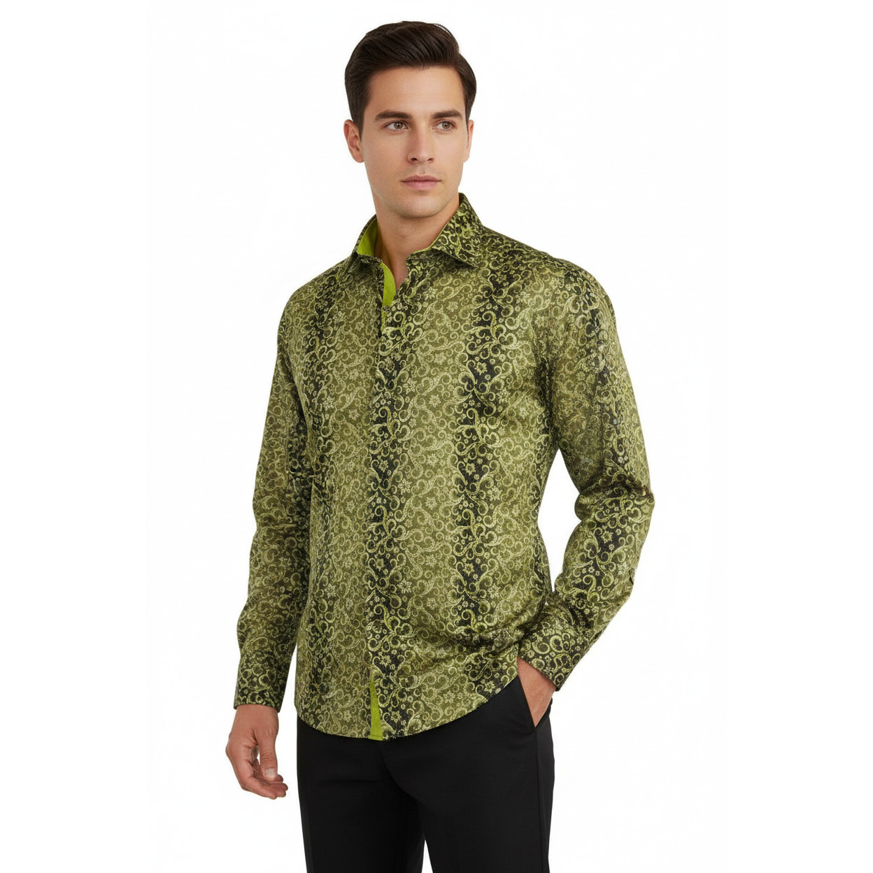 Men Shirt J.Valintin Turkey-Usa 100% Egyption Cotton High Collar 1646-08 Olive