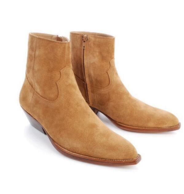 Western Mens Chelsea Real Suede Leather High Top Ankle Boots Mid Heel Shoes Hot