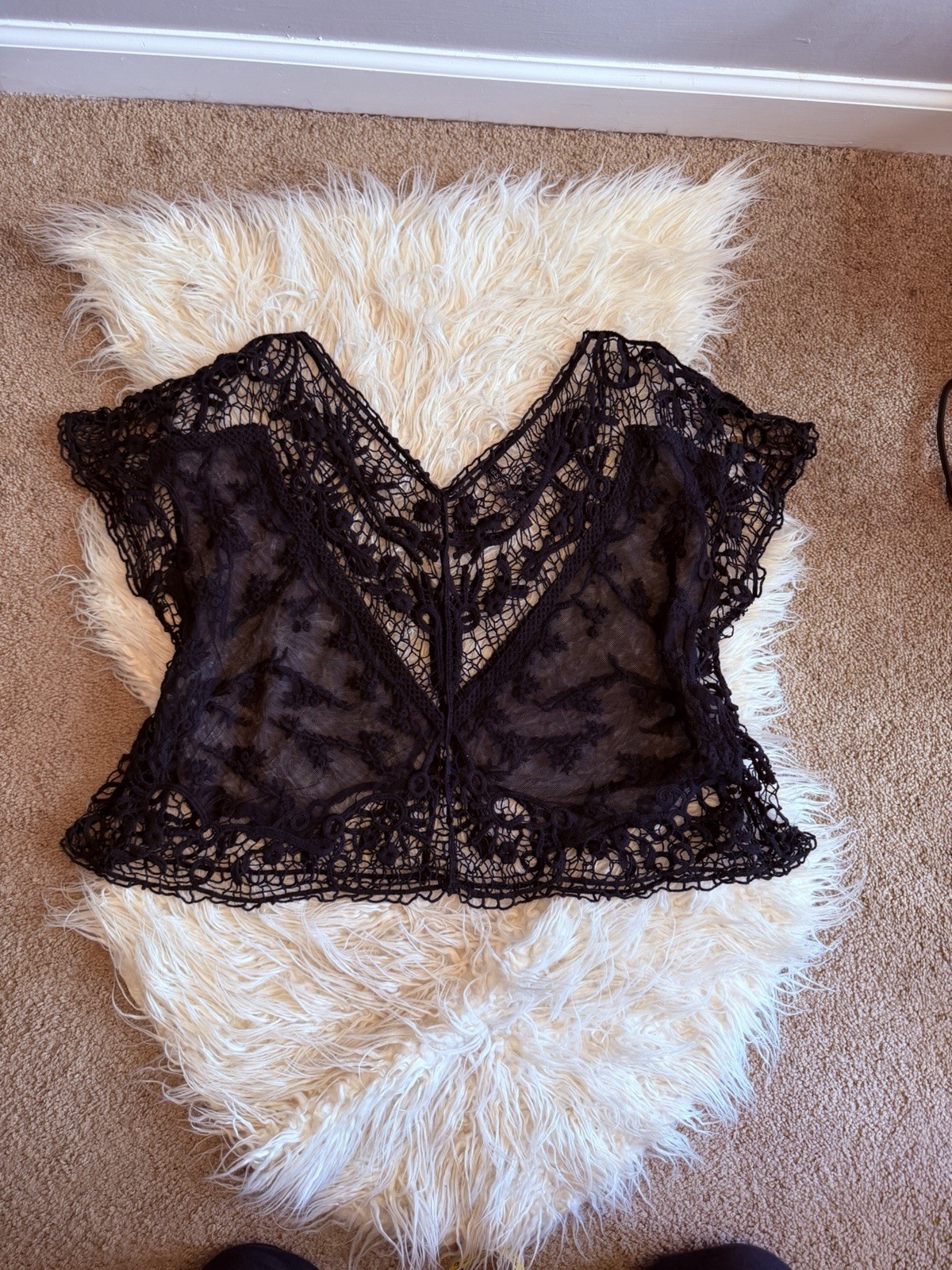 Black Sheer Lace Crochet Overlay V-Neck Top Whimsy Goth Fairy Y2K Size L
