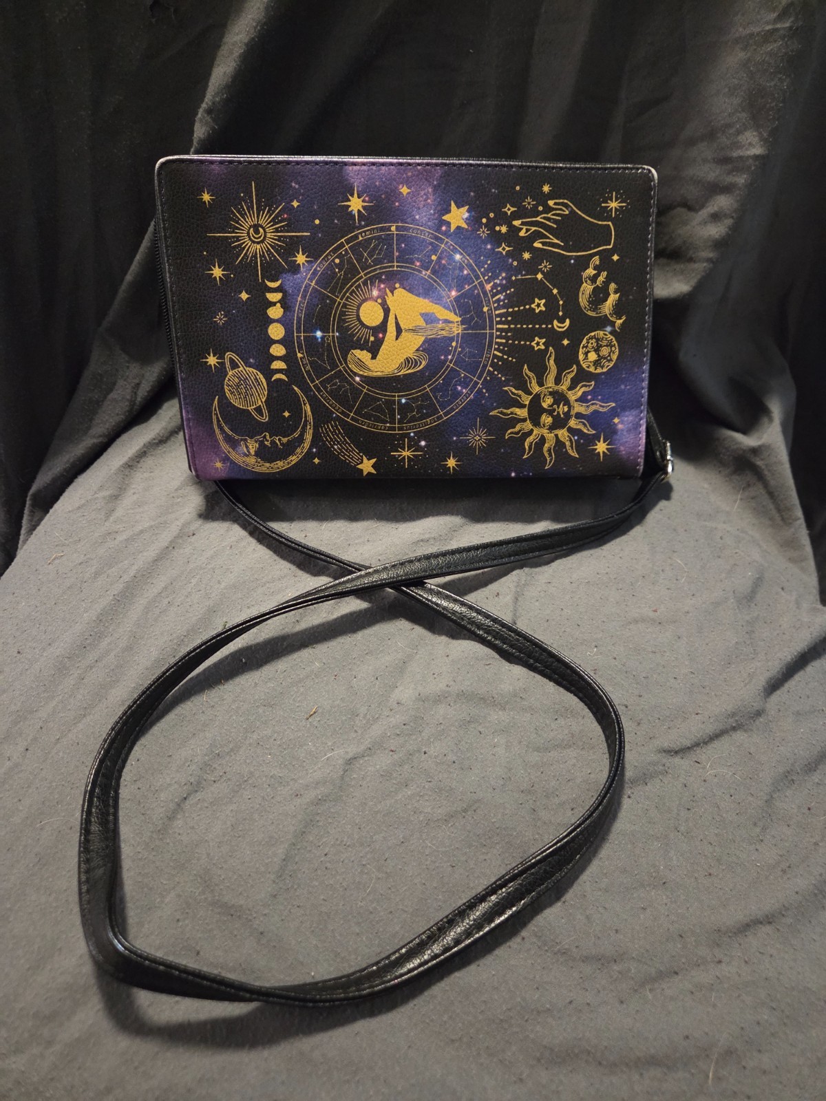 moon child book shaped purse witchy aesthetic blue and purple galaxy with black