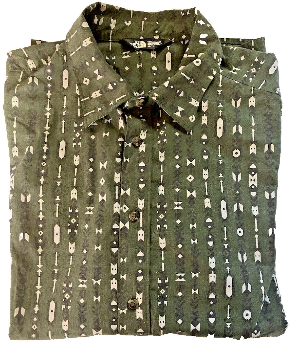 THE NORTH FACE Mens Green Aztec Print SS Cotton Poly Button Up Blend Shirt SZ XL