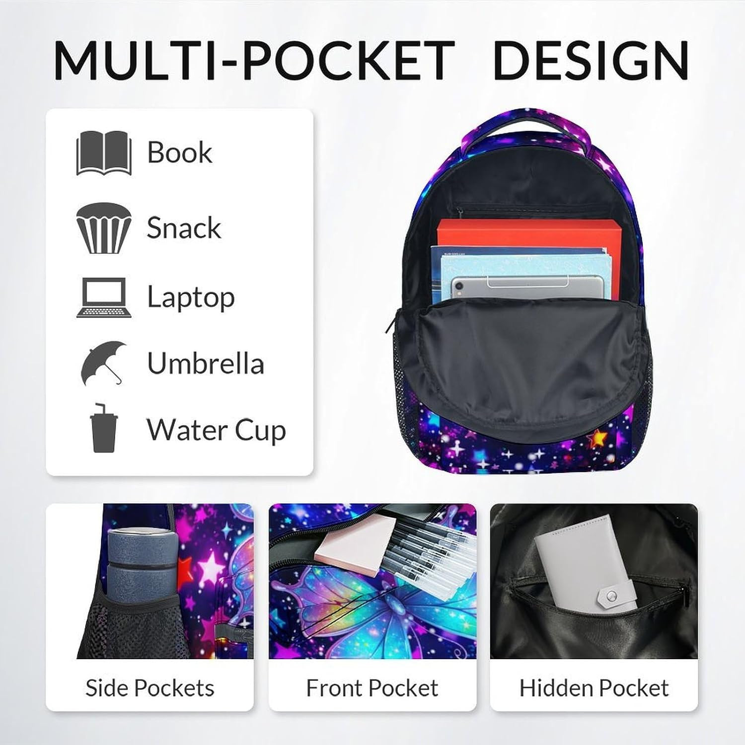 Butterfly Backpack for Girls, 17 Inch Kids School Bag for Elementary, Kindergart