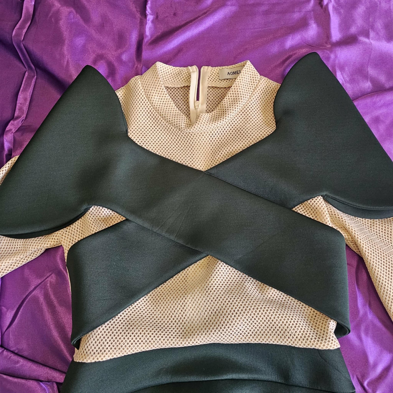 AOMEI Black Beige Solid Mesh Cut Out High Neck Long Sleeve Bodycon Dress S