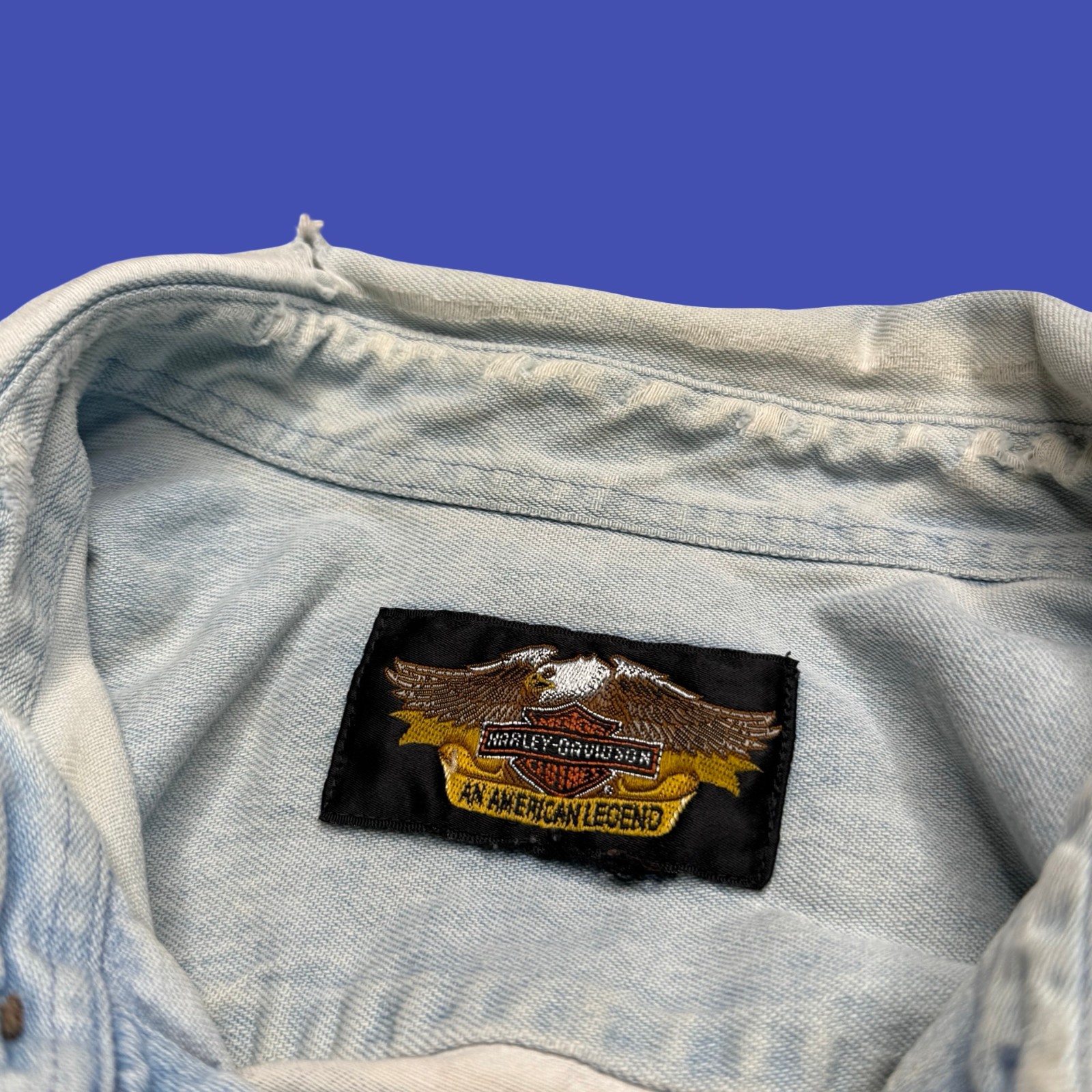 Harley-Davidson Denim Shirt Blue Motorcycle Biker Graphic Button Down Distressed