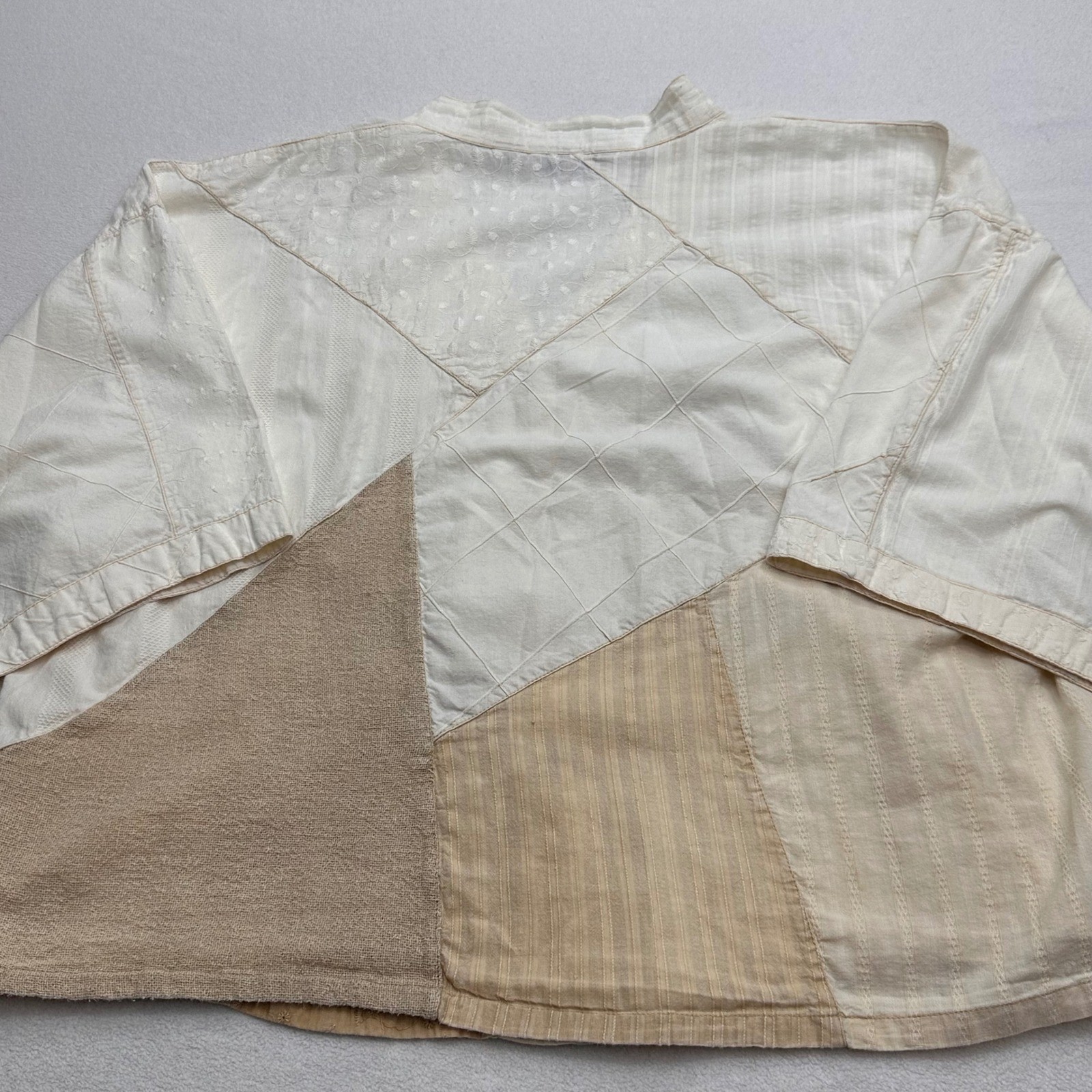 Sacred Threads Womens XL Patchwork Cotton Boho Summer Blouse Cream Tan Eyelet