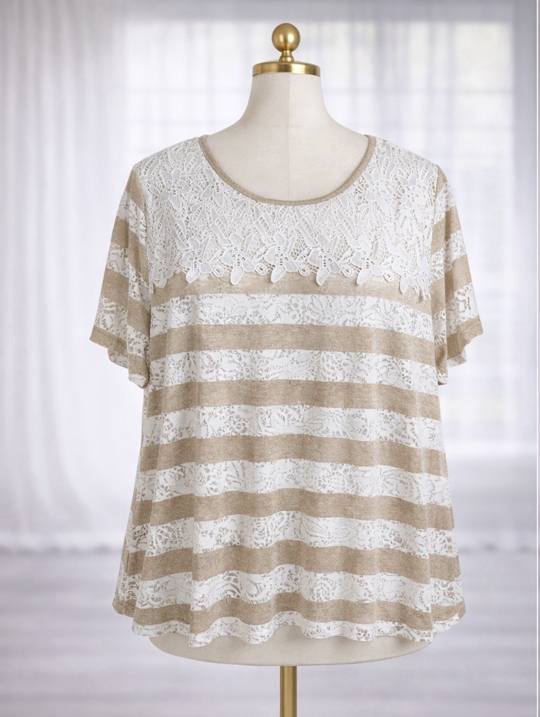 Alfred Dunner 3X Popover Top Crochet Beachy Starfish Pattern Tan White Stripe