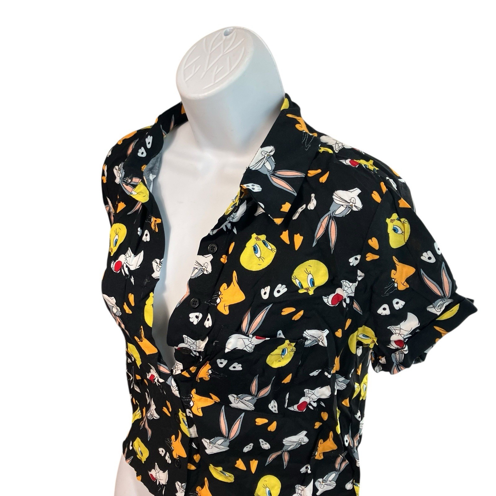 Looney Tunes Shirt Womens Black Button Up Cartoon Novelty Sz M Tweety Bugs