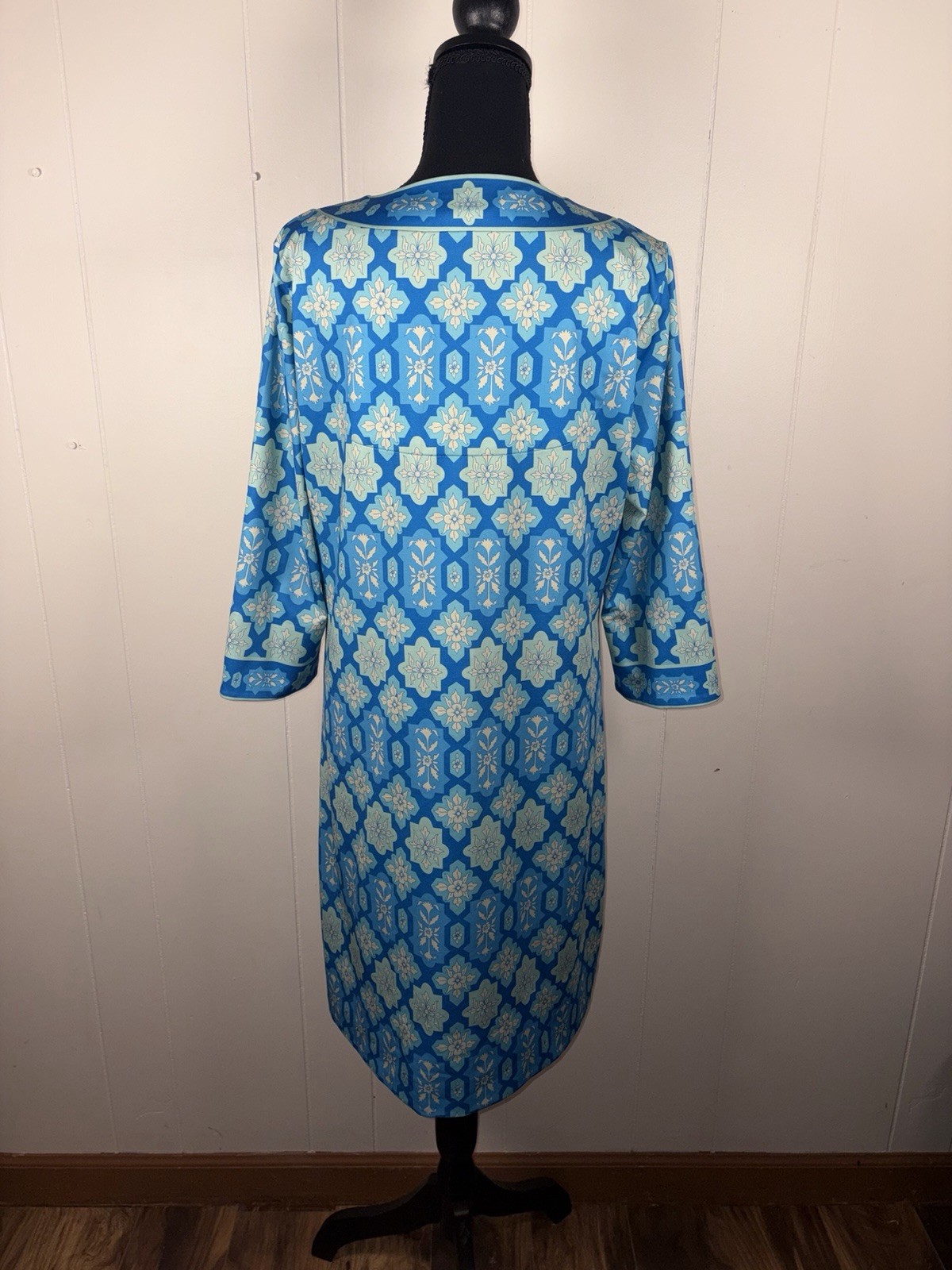 Gretchen Scott Split Neck Jersey Dress Turquoise Geometric Print Large