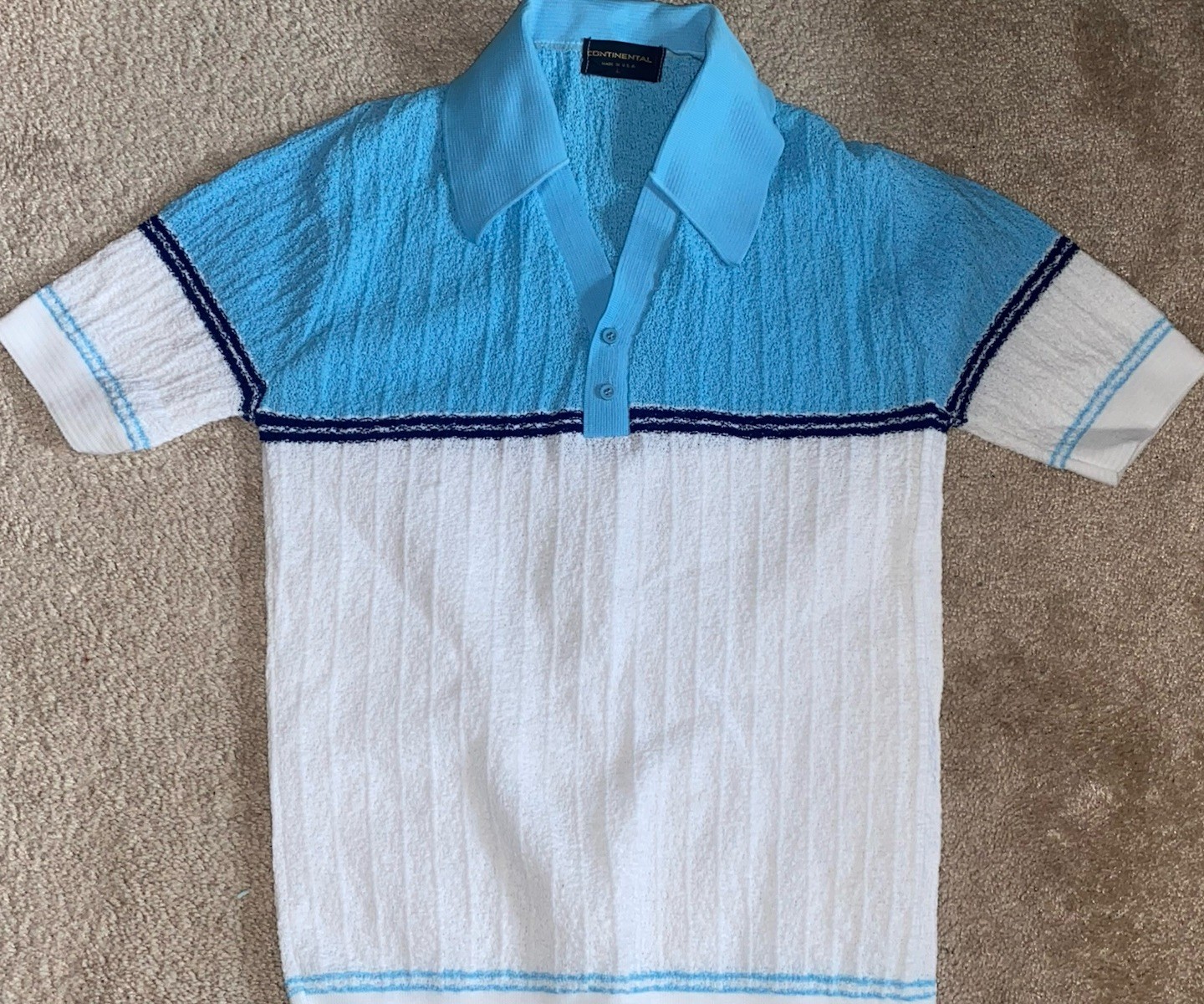 Vintage 60’s Continental Textured Knit Polo Shirt Size Large White / Blue