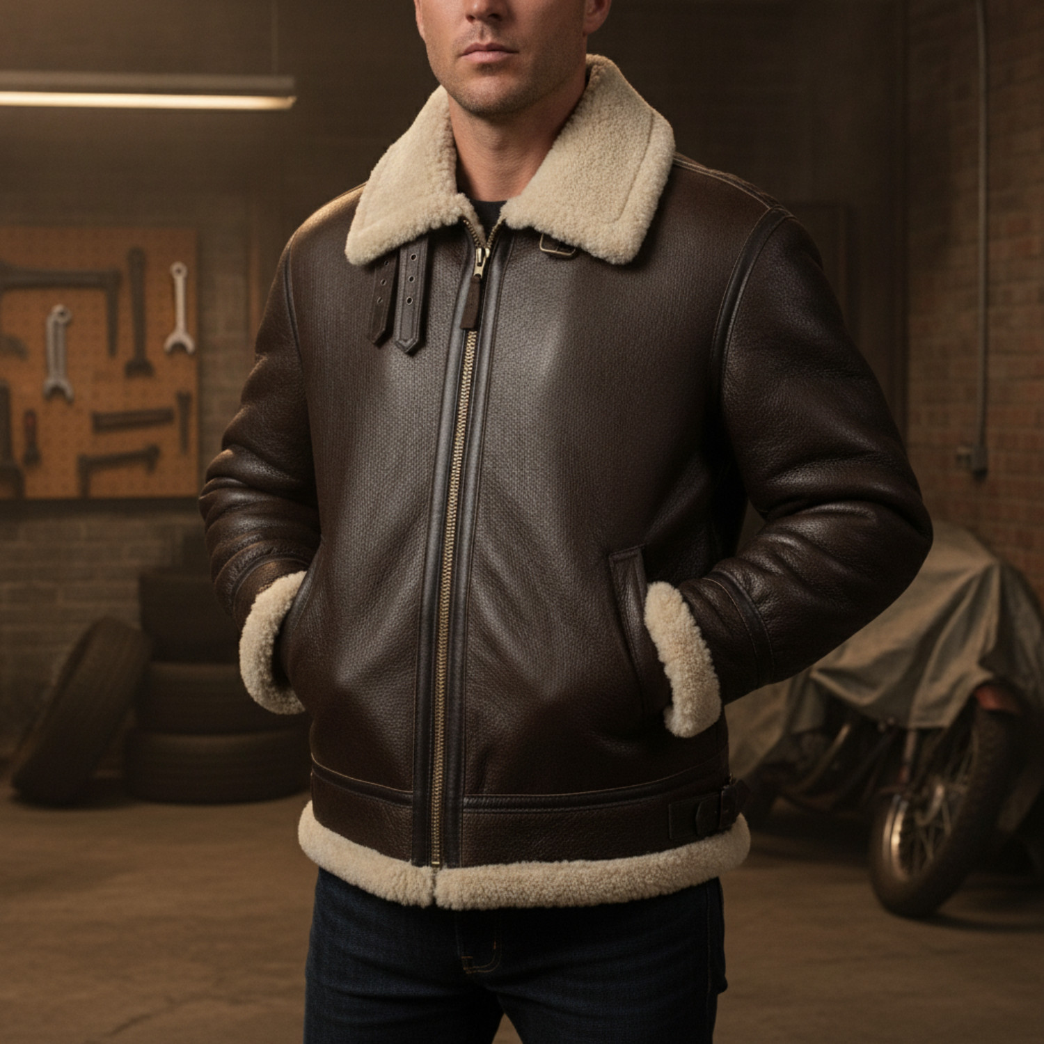 Men’s B3 Aviator Bomber Jacket Brown Genuine Leather Shearling Sheepskin Coat