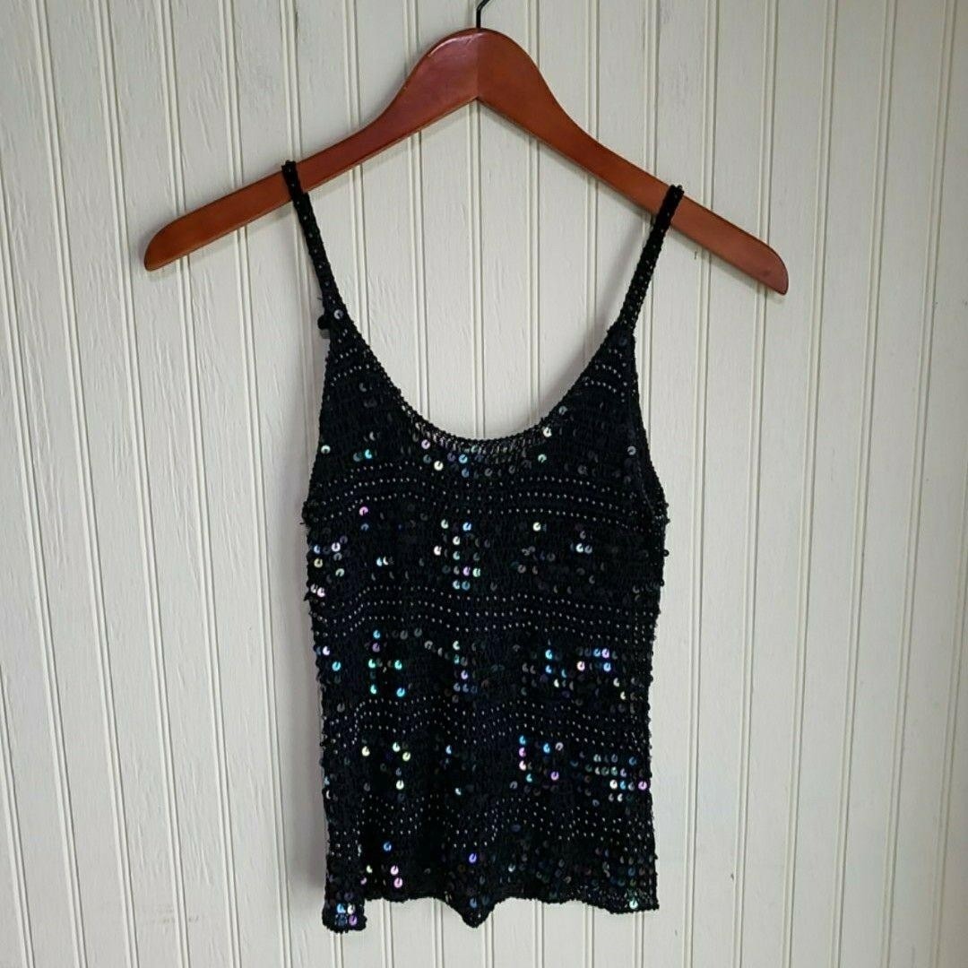 Takeout Tank Top Juniors Small Black Scoop Neck Sleeveless Sequin Cami Crochet