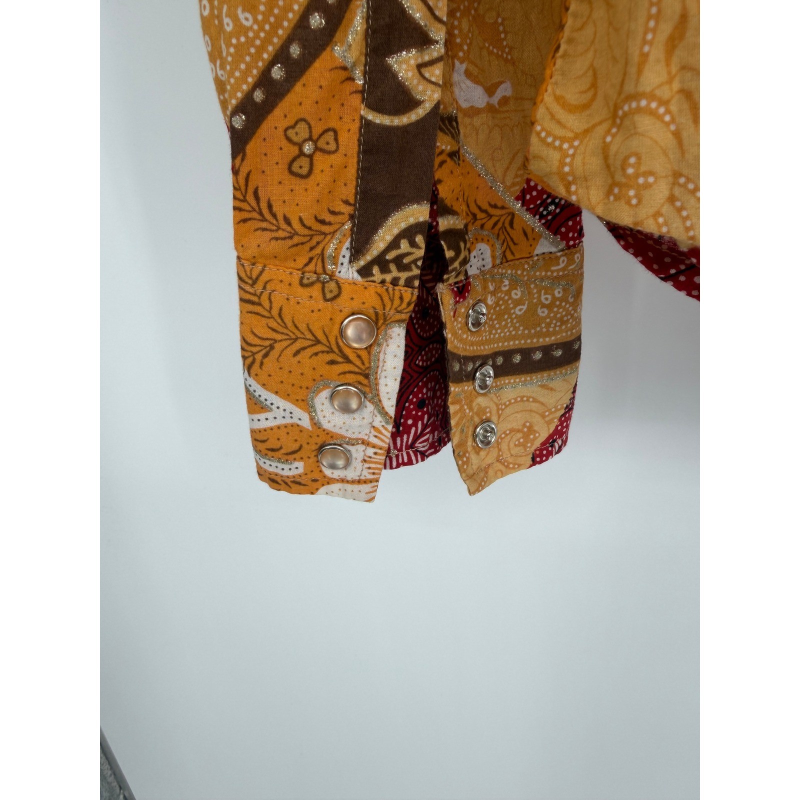 Roper Womens L Western Snap Shirt Patchwork Batik Floral Glitter Cotton Mustard