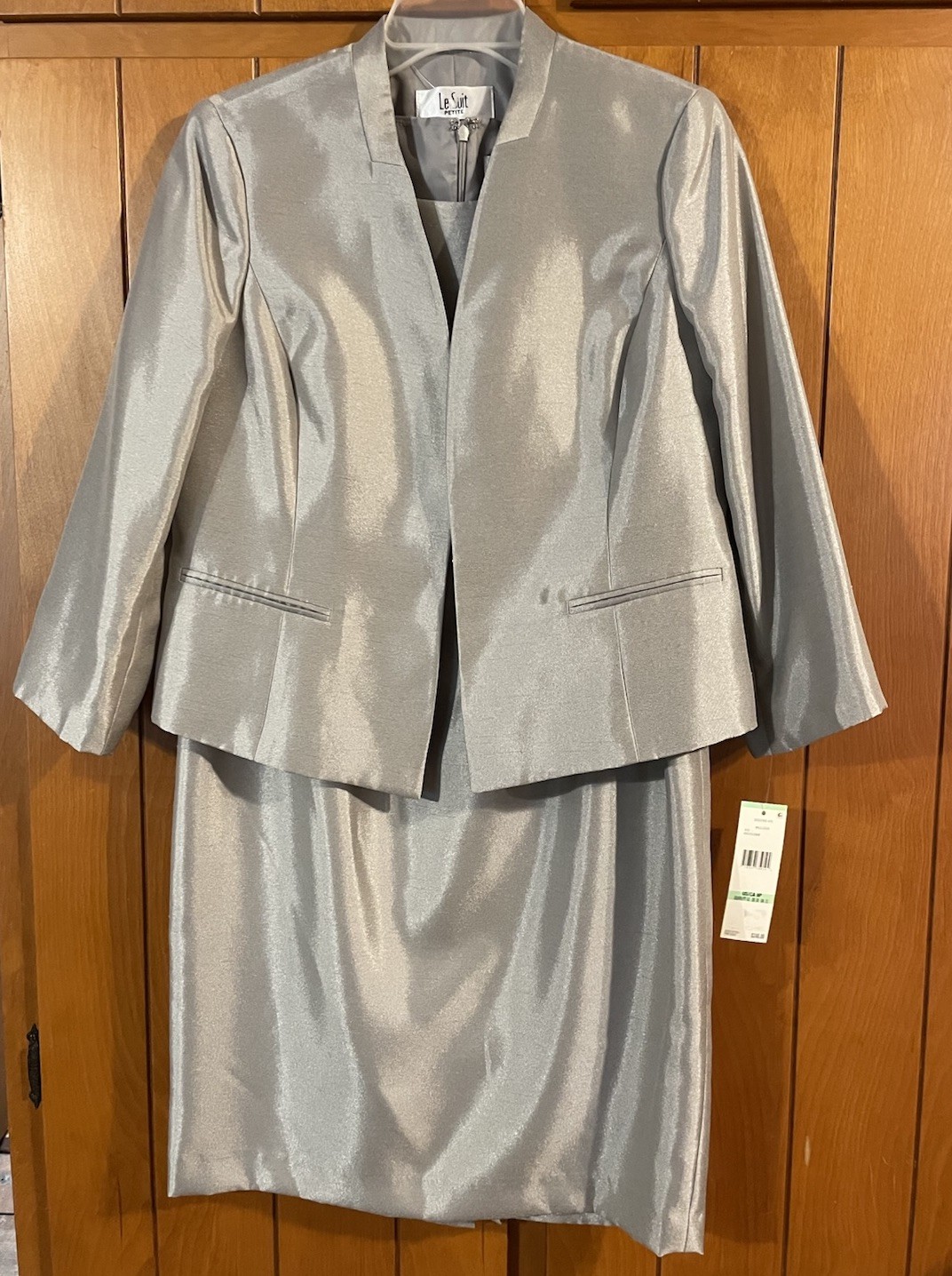 Le Suit Silver 2-Piece Petite 8P Skirt Suit Set With Jacket & Sleeveless Dress