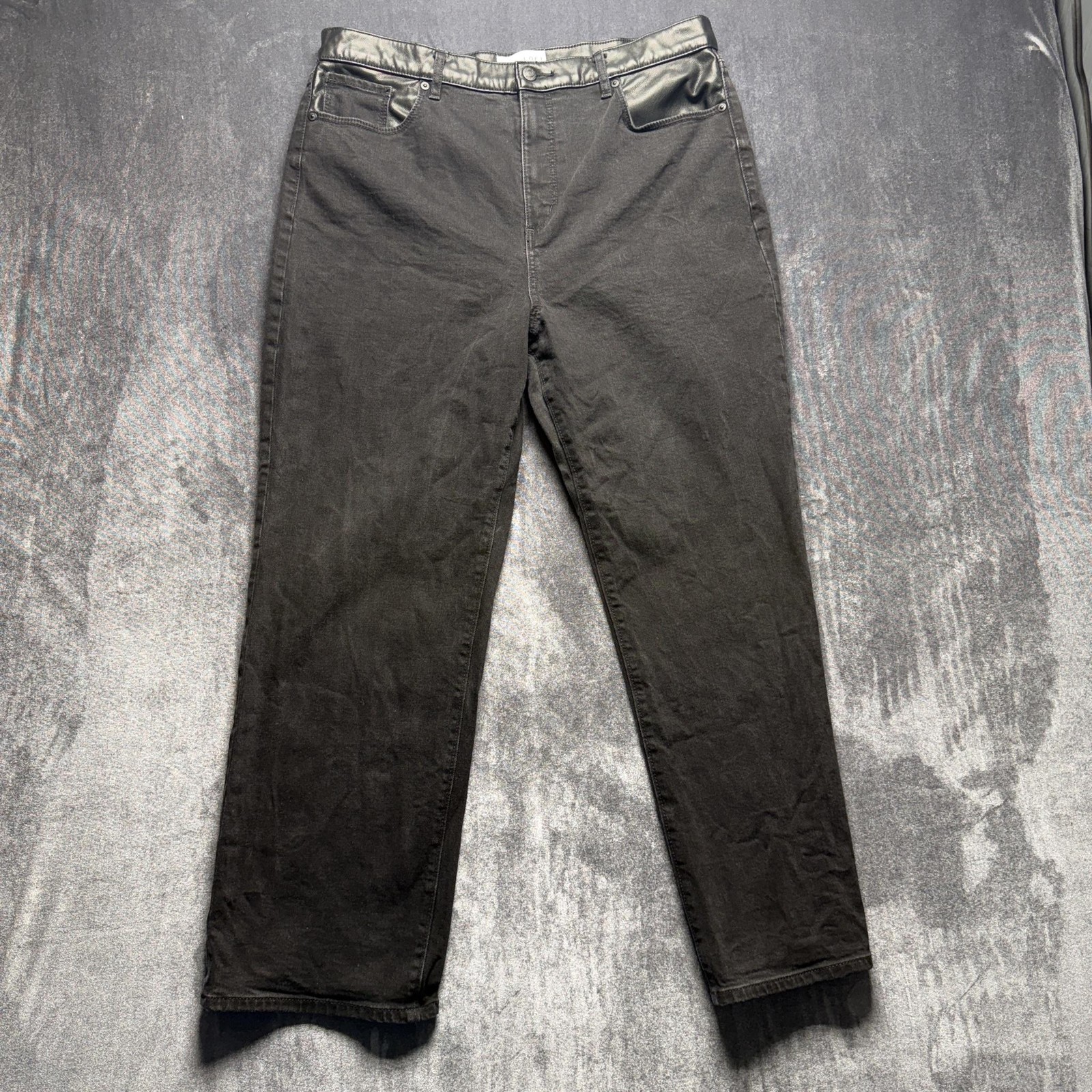 LOFT The Straight Jeans Womens 14 Gray Mid Rise Faux Leather Trim Denim Pants