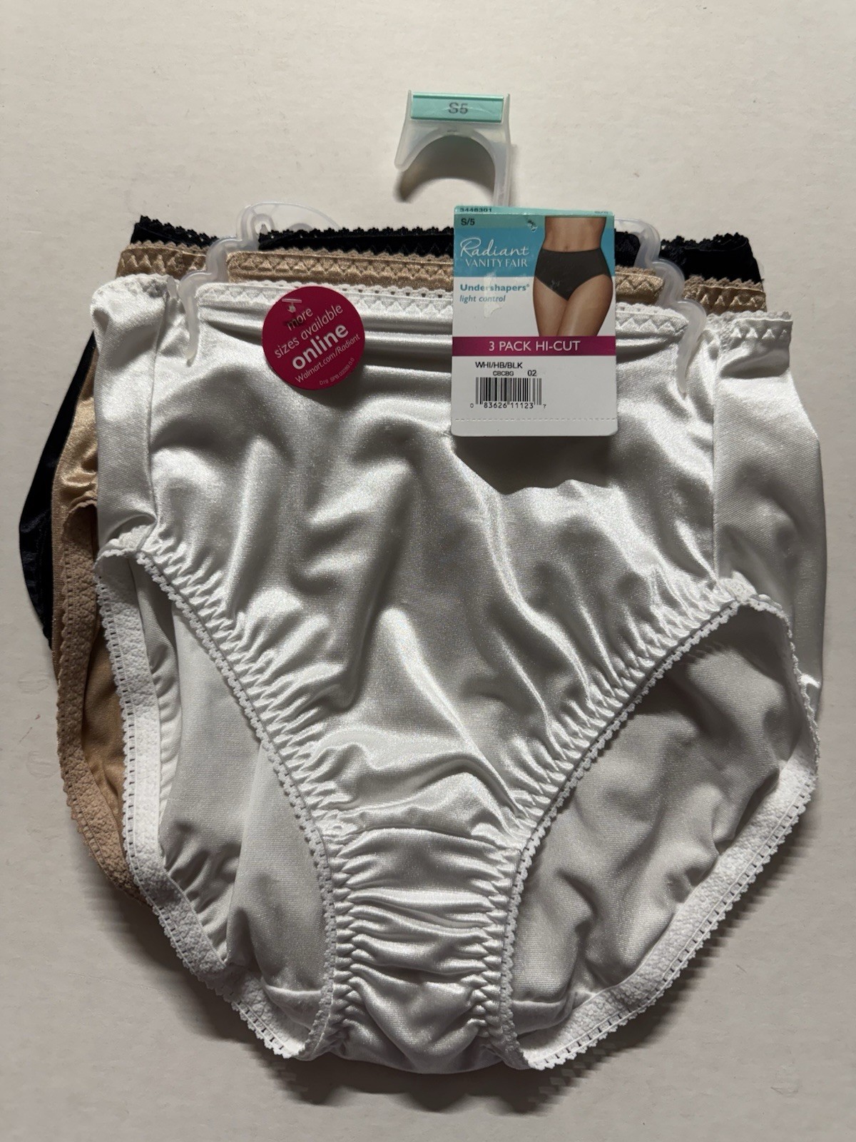 S/5 Vanity Fair Radiant UNDERSHAPERS Hi-Cut 3-Pk White Honey Beige black Small