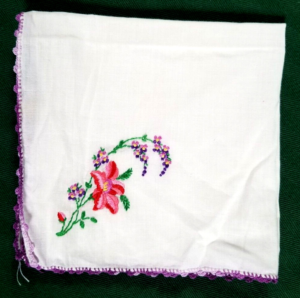 Hand Embroidered Fine Soft Cotton VTH Handkerchief Pocket Square Purple Flowers