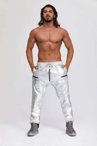 Leather Pants Men Pant Trousers Slim Biker Fit Men’s Jeans Style Real Silver 8