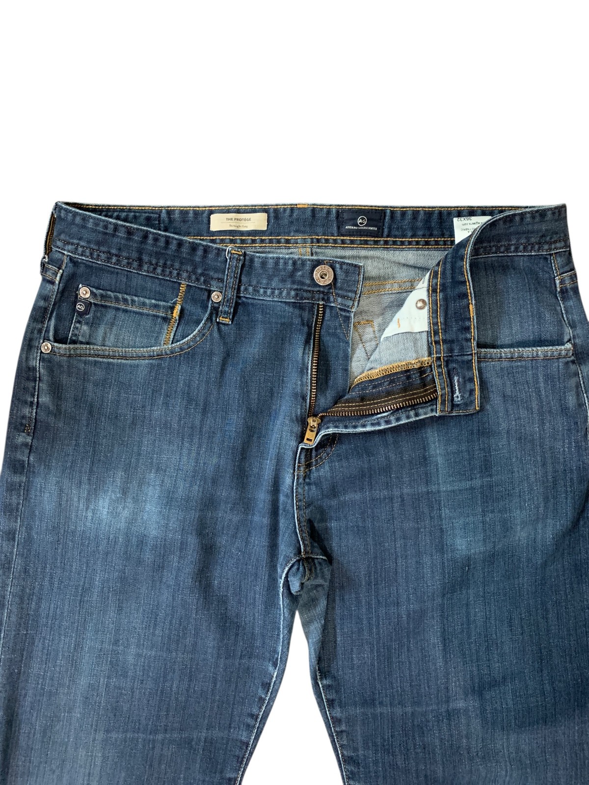 AG Adriano Goldschmied The Protégé Jeans Mens 36×32 Whiskering Med Wash Made USA