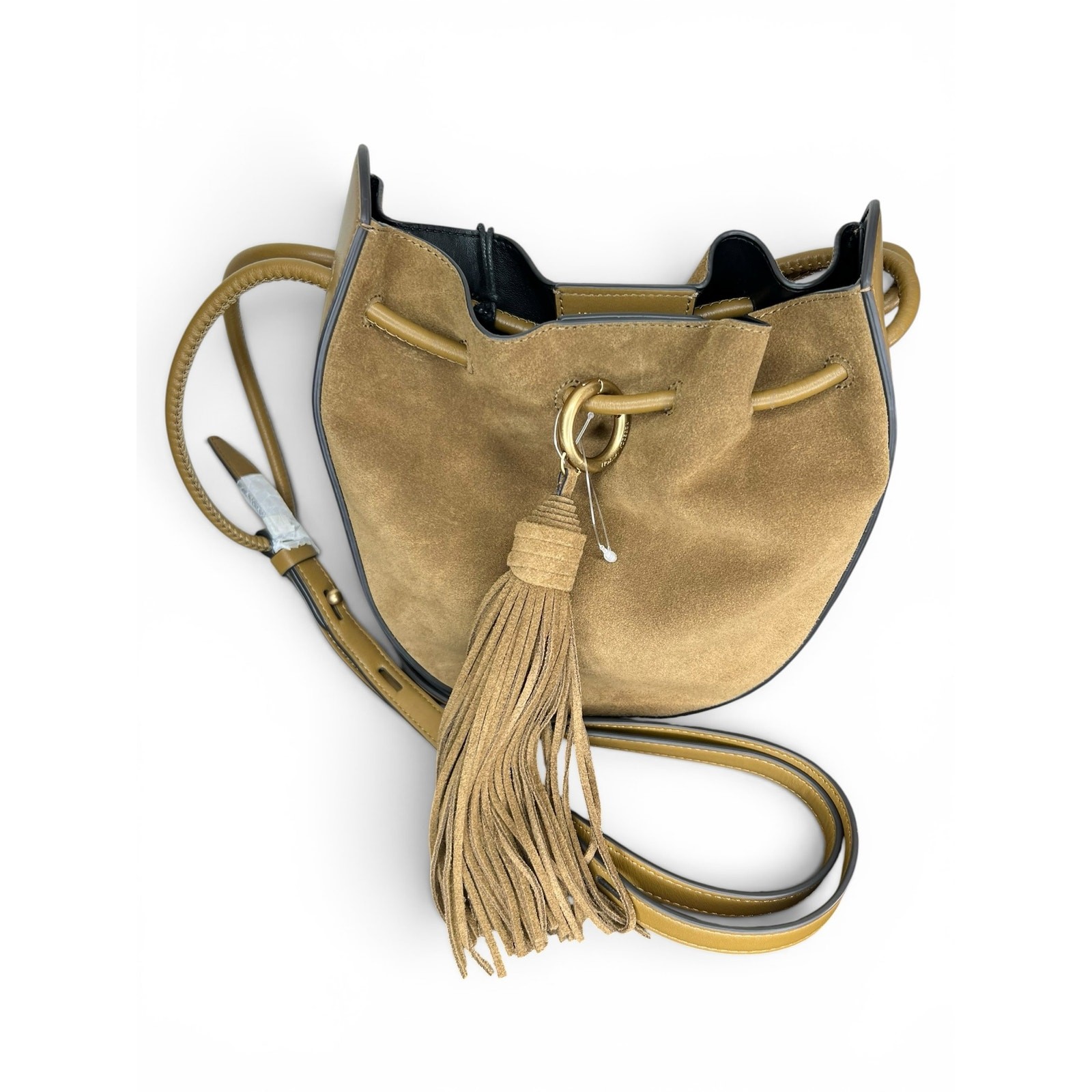 NWT Rebecca Minkoff Lulu Suede Leather Crossbody Bucket Bag Tassel – Military