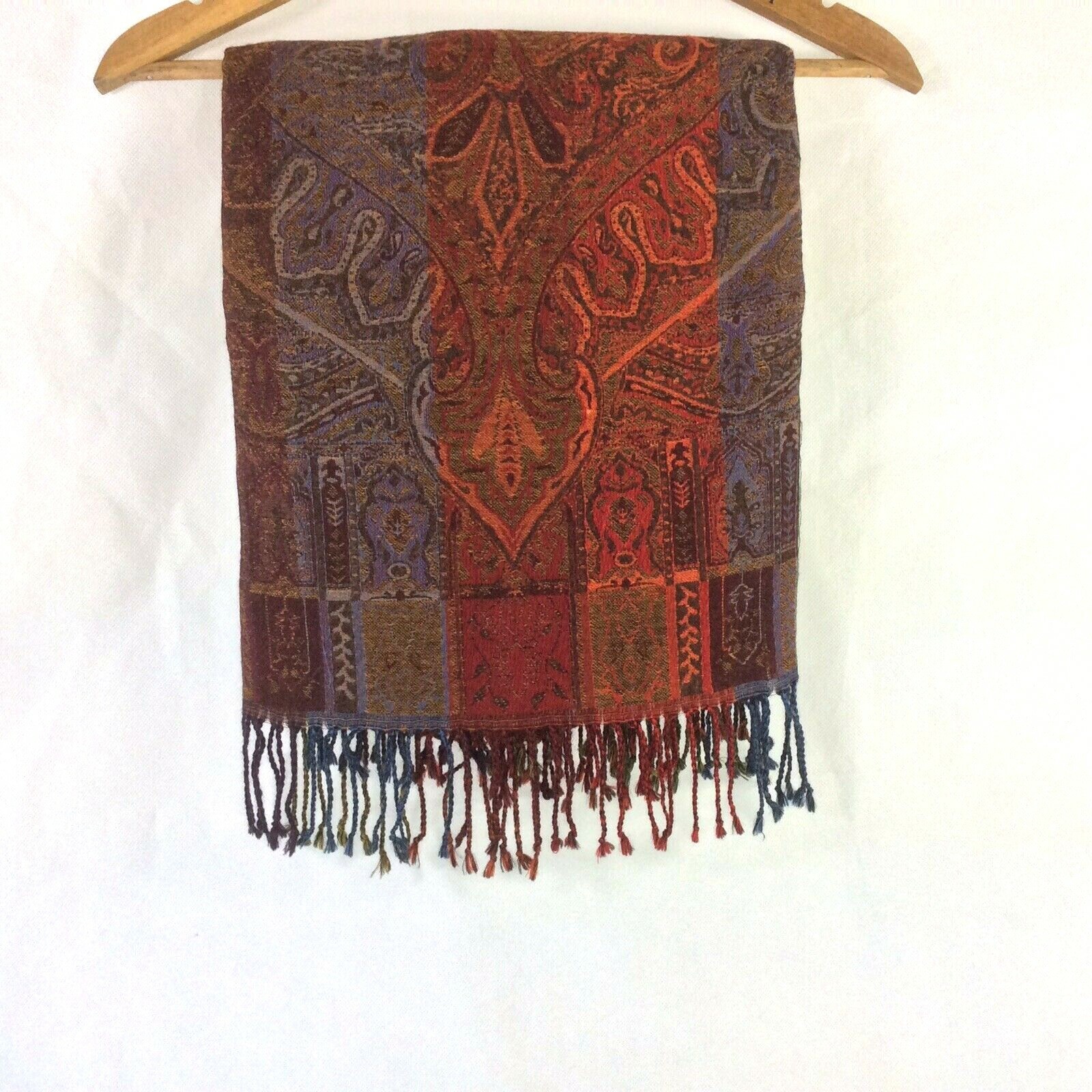 SCARF THROW WRAP RUNNER 100% WOOL 72″X28″ TASSELS PAISLEY DESIGN FABRIC TAG