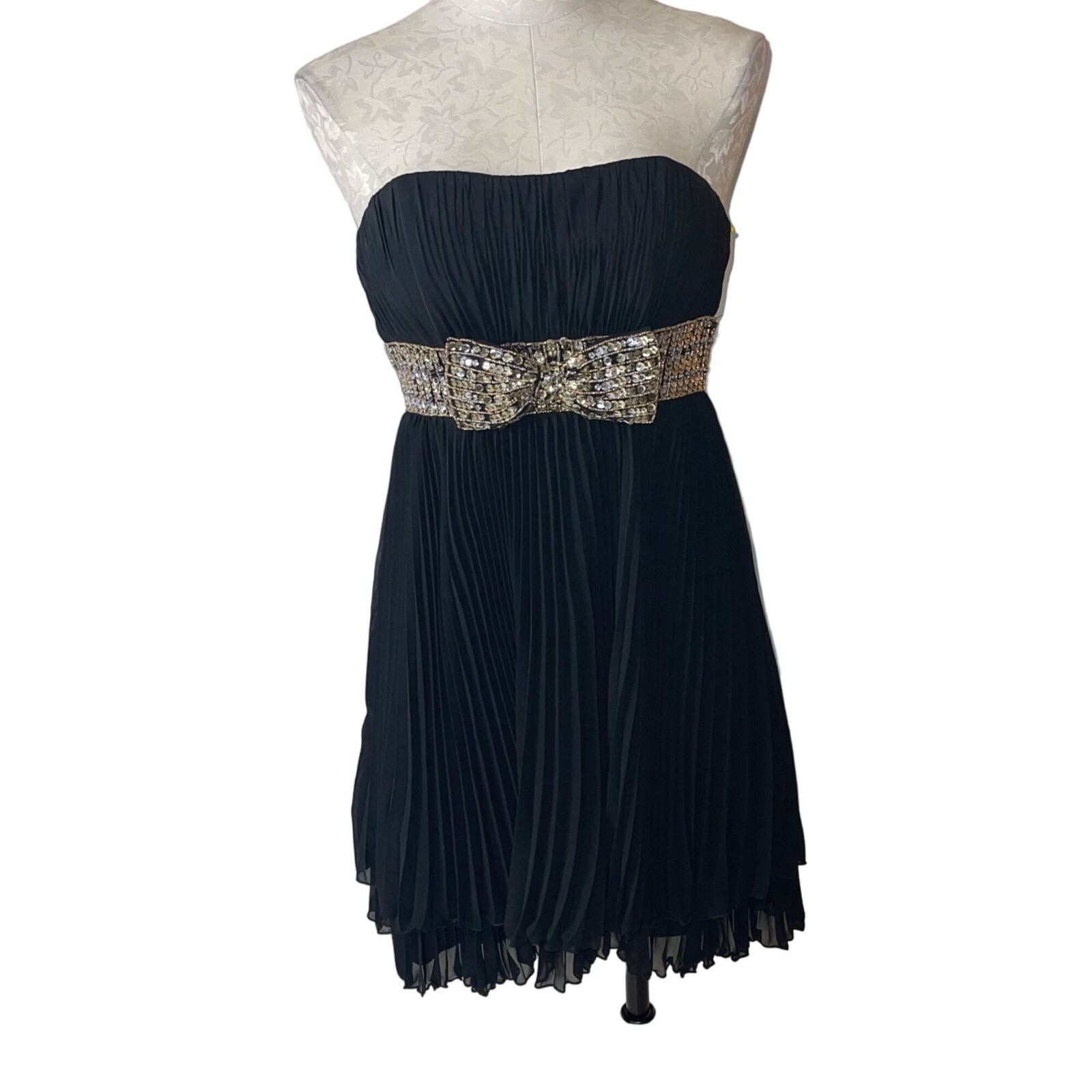 Shimmer By Bari Jay Cocktail Dress Womens Size 6 Black Pleated Sequin Chiffon