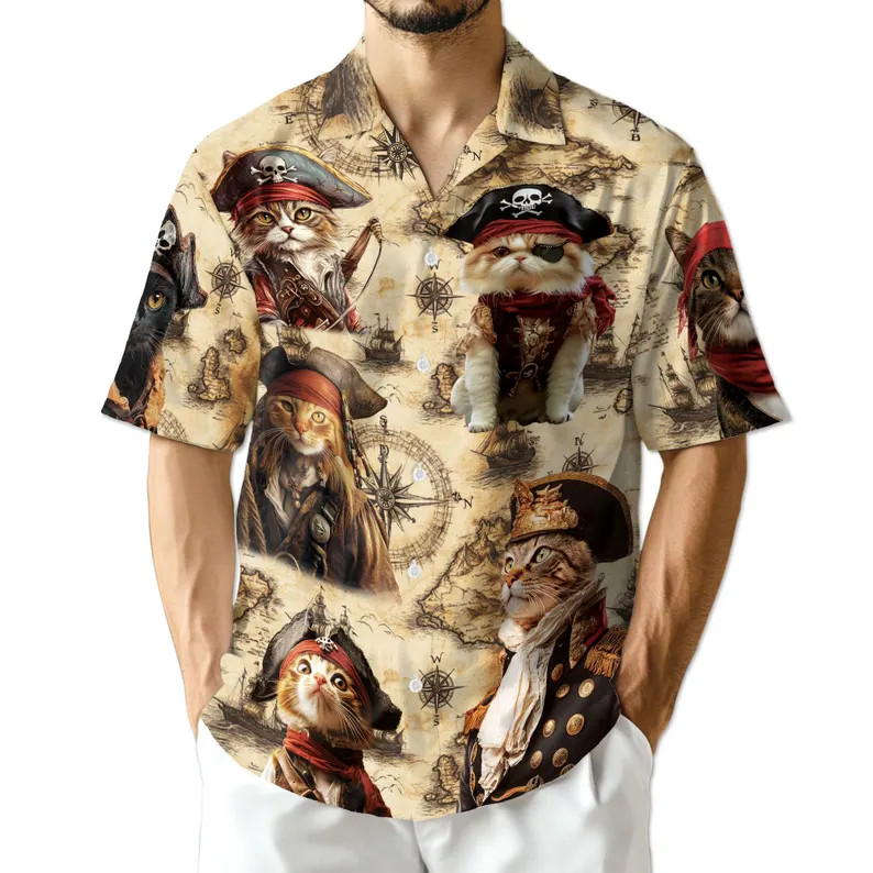 Cat Pirate Hawaiian Shirt Funny Nautical Beach Party