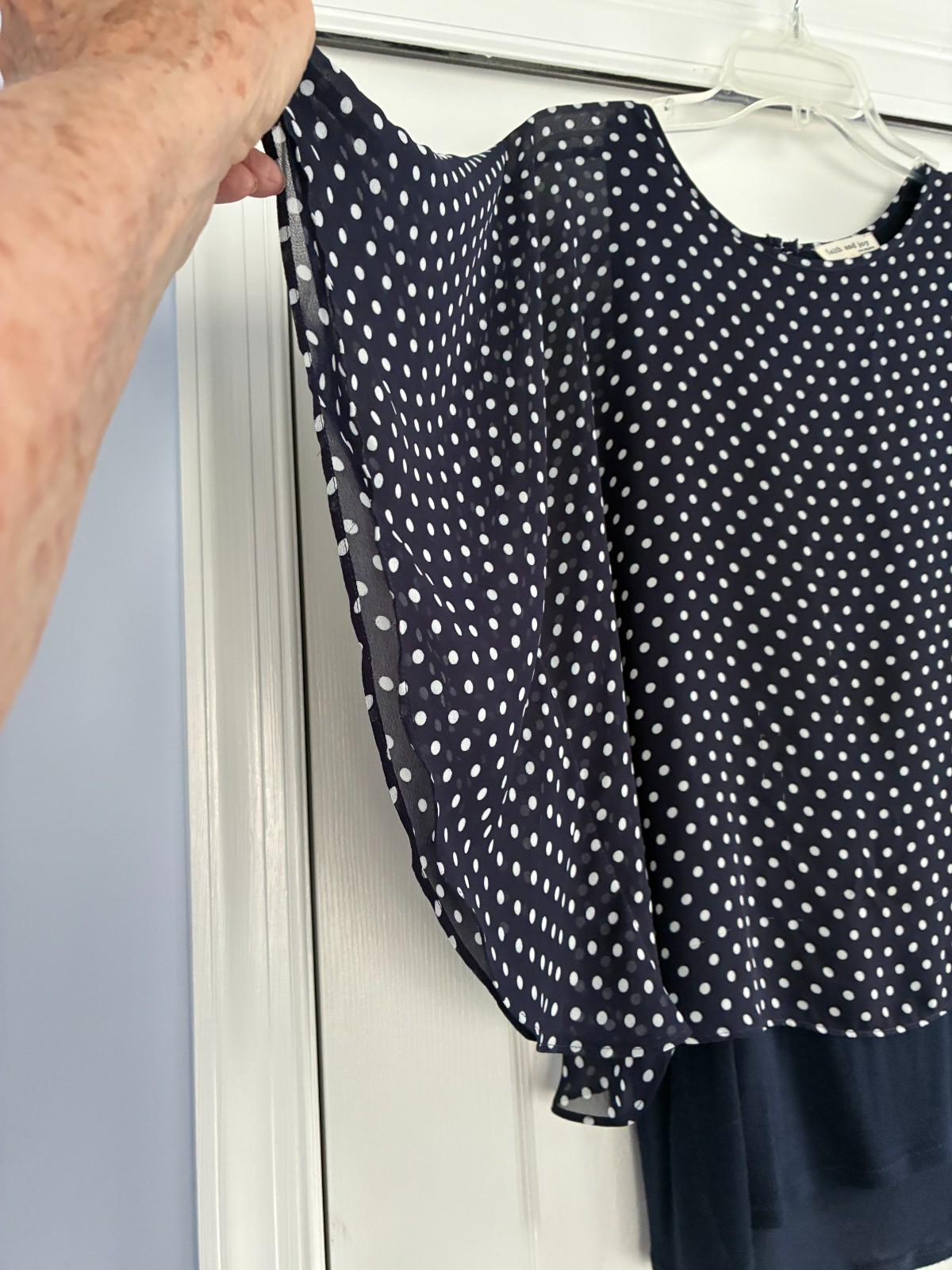 Faith and Joy Navy/White Polka Dot Blouse, Attached Navy Under Blouse=XL