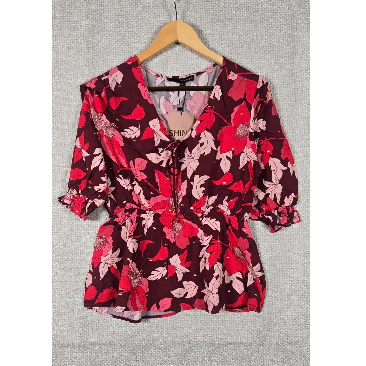 Herve Benard Womens Floral Peplum Top Burgundy Pink V-Neck Blouse M New