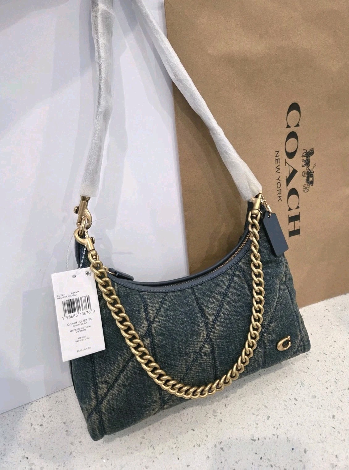 NWT Coach Quilted Blue Denim Juliet Shoulder Bag 25 Handbag Brass Hardware CDZ67