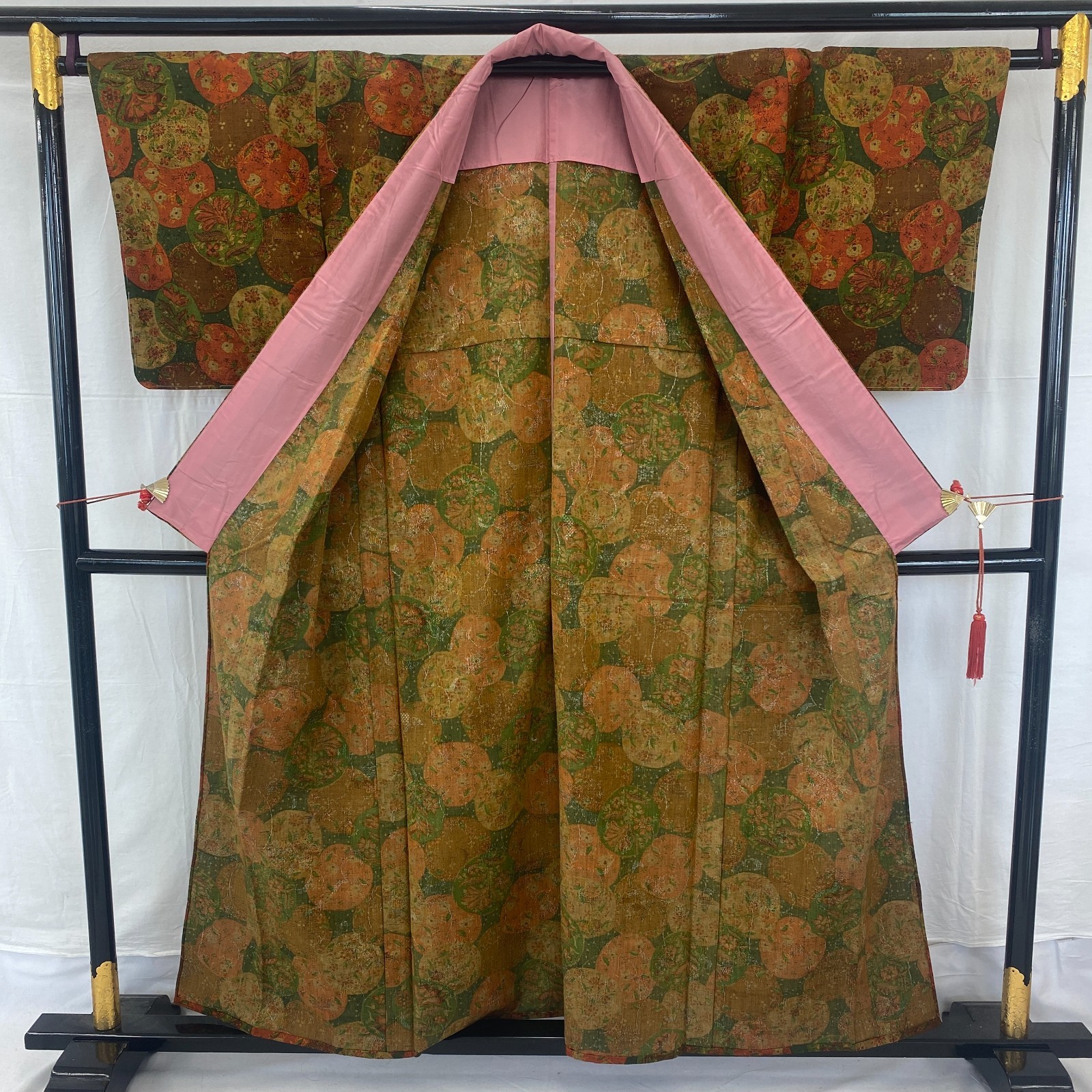 Japanese Vintage Kimono Silk Green Tsumugi No Lining Traditional Length 60 in