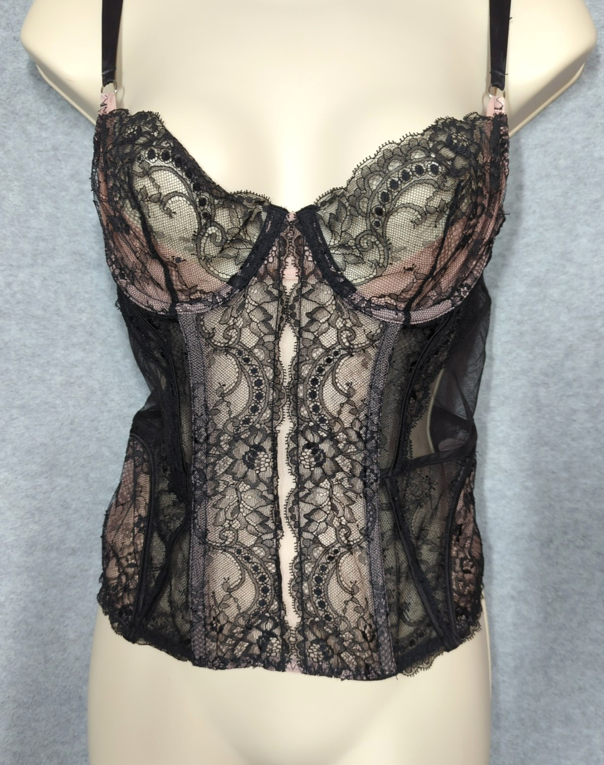 Victoria’s Secret Black/Nude Lacy Lace Sheer Corset Zip Lace up Back Fairy Goth