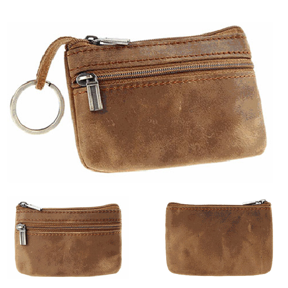 Brown Genuine Leather Small Coin Holder Change Purse Zipper Key card Wallet USA
