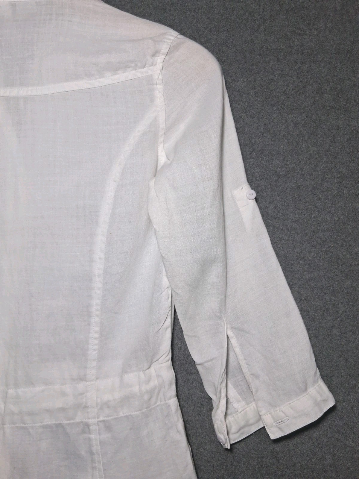 MNG Basics Womens Shirt XS White 100% Ramie Button Up Roll Tab Sleeve Drawstring