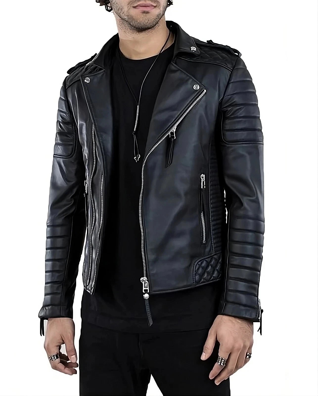 Men’s Black Biker Leather Jacket Genuine Lambskin Moto Cafe Racer Quilted Coat
