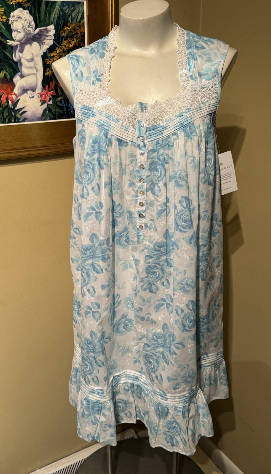 EILEEN WEST E5325037 AQUA ROSE SLEEVELESS COTTON LAWN CHEMISE NIGHTGOWN ~ MEDIUM