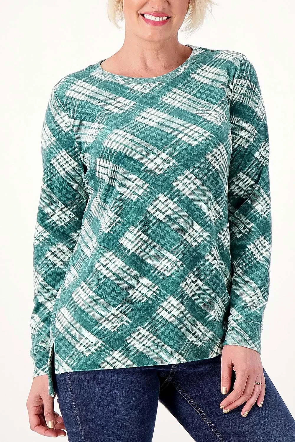 Denim & Co. Printed Velour Pullover Hi-Low Hem Deep Pine Plaid Size XXS