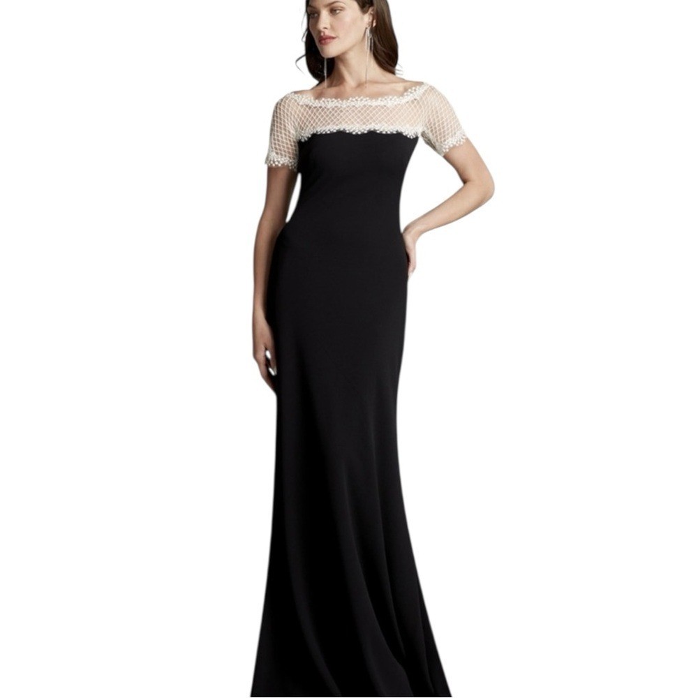 Tadashi Shoji Lace & Crepe A-Line Column Gown Large Black White Formal