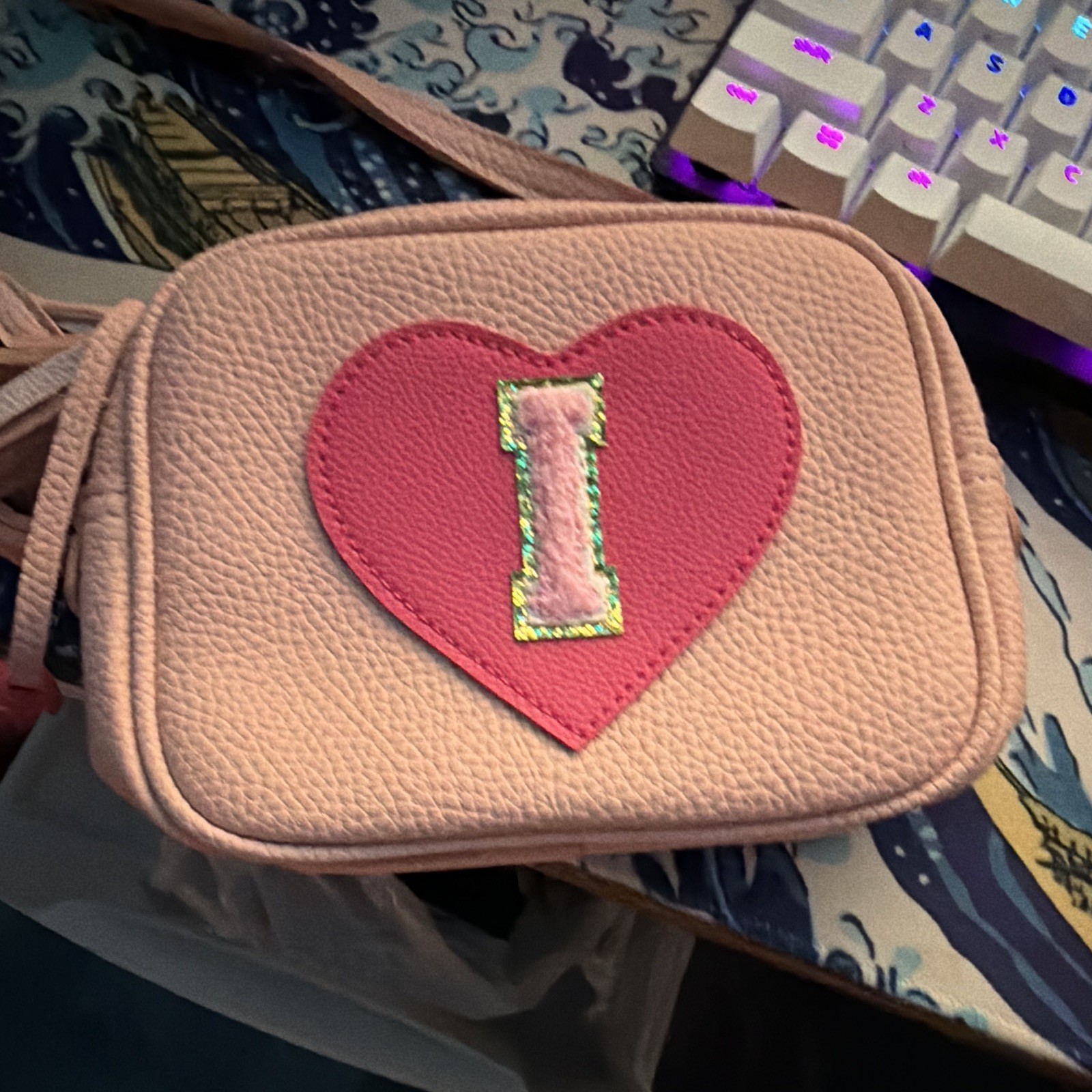 Pink Heart Initial “I” Crossbody Bag, Zip Closure, Detachable Strap, Gold HW