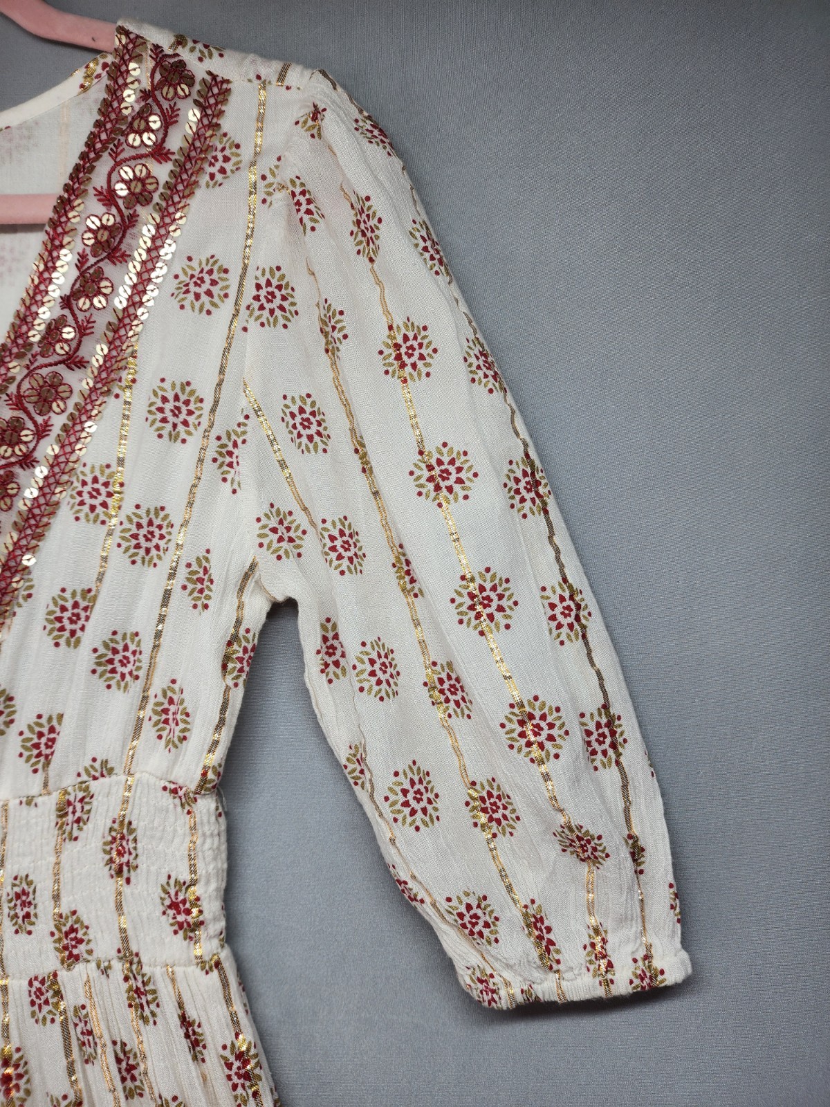 Anthropologie Me 2 Magic Size S Ivory Smocked Boho Maxi Dress Glitter Sequins