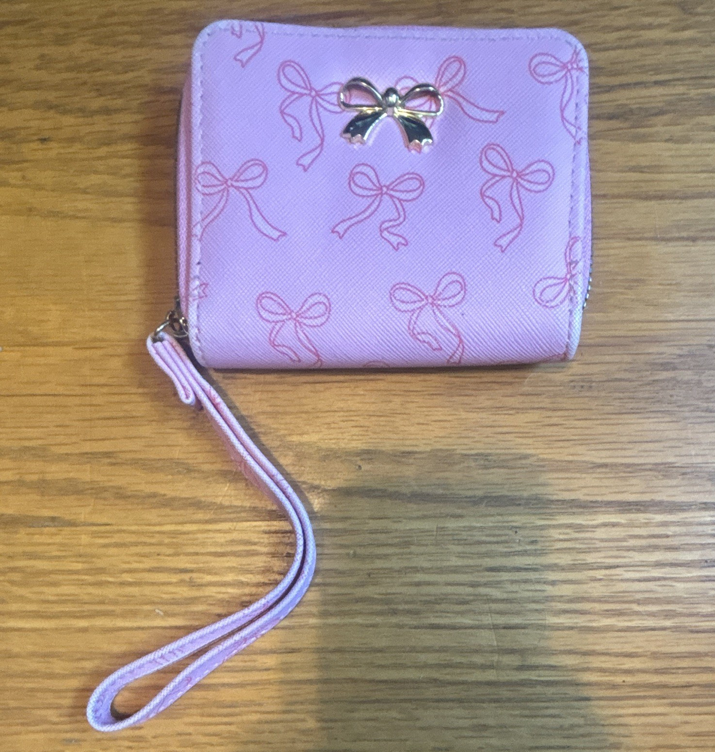Pink Bow Pattern Zip-Around Wristlet Wallet with Wrist Strap for Women