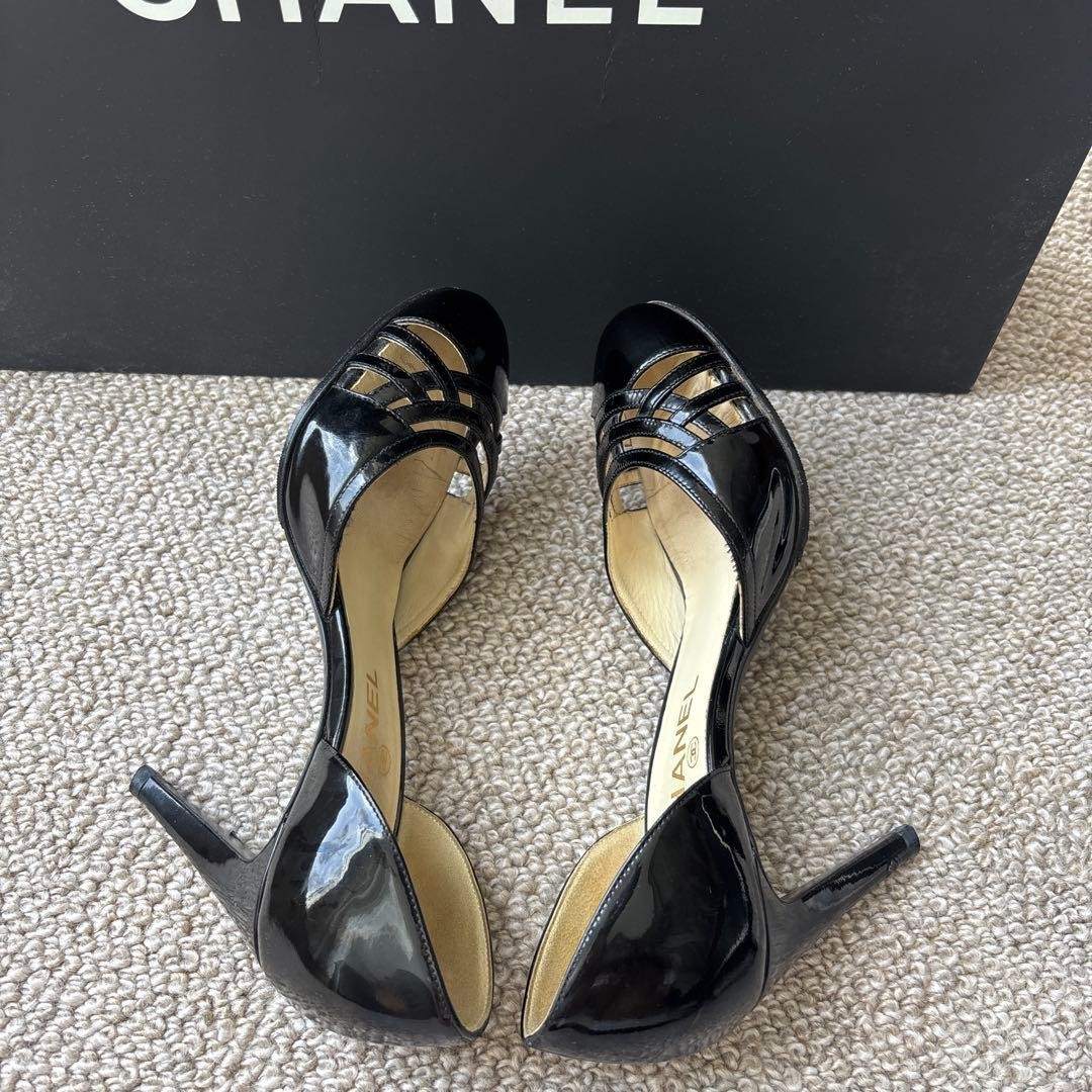 CHANEL Open Toe High Heels 36.5 Black Patent Leather 7.1-10cm Heel